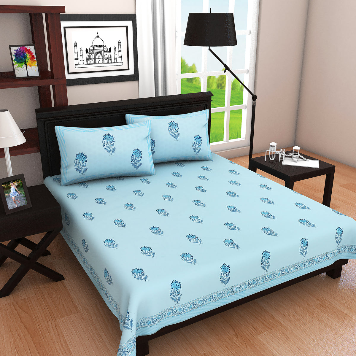 Hand Block Printed Super King Double Percale Cotton Bedsheet